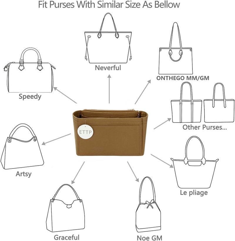 ETTP Purse Organizer Insert For Handbags, Tote Bag Organizer Insert, Handbag Organizer For Tote & Handbags, Compatible with Neverful Speedy and More (Slender Large,Lighting Coffee) - Image 2
